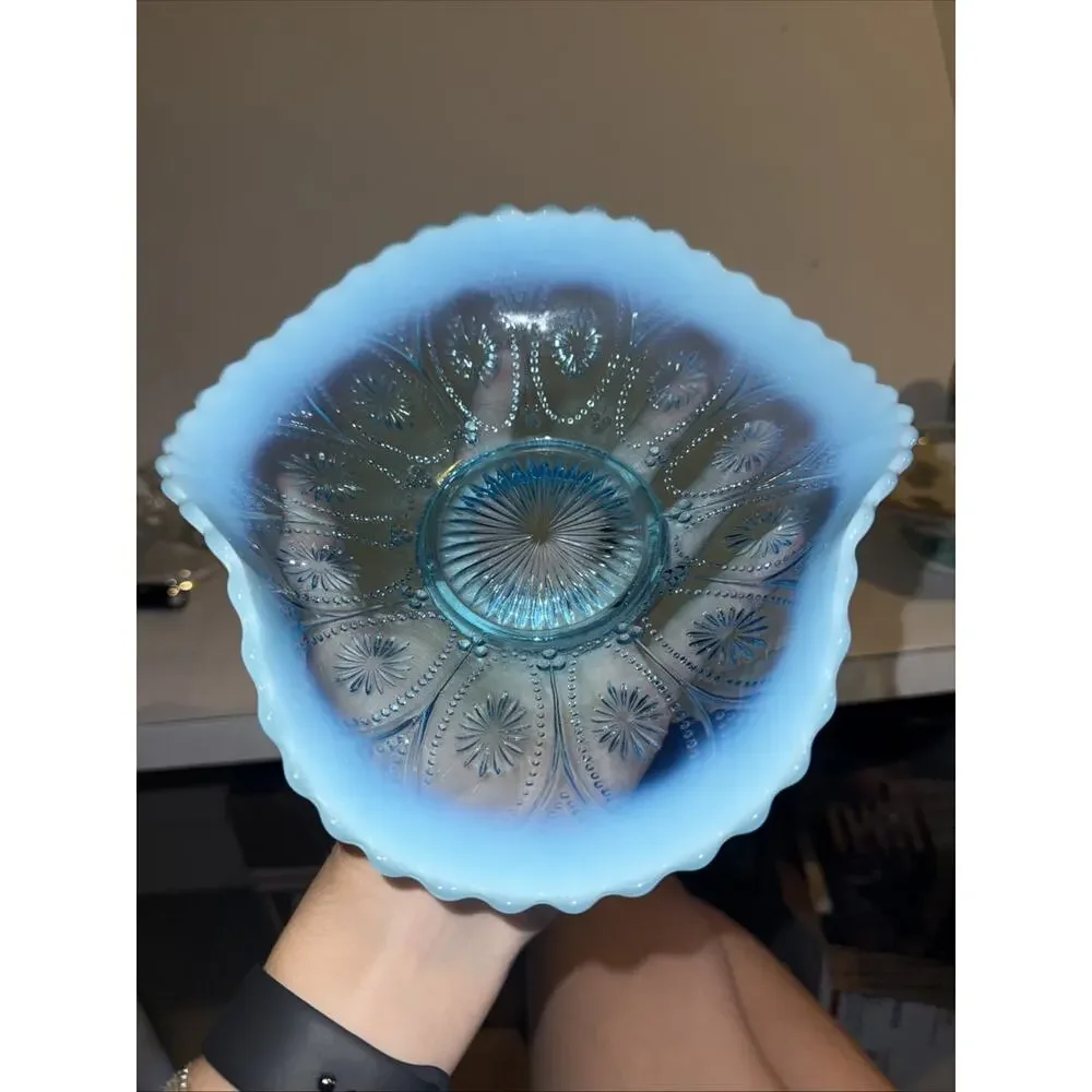 Antique Northwood Blue Opalescent Spokes & Wheels Trifold Footed Carnival Glass